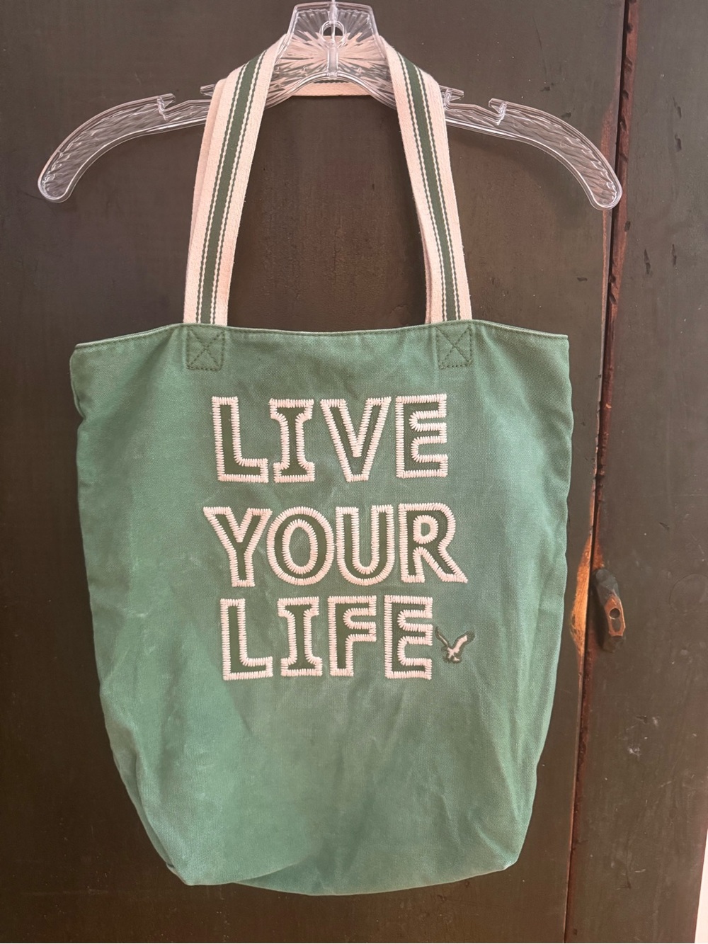 American Eagle Live Your Life Green Canvas Everyday Tote Bag Retro Y2K Style